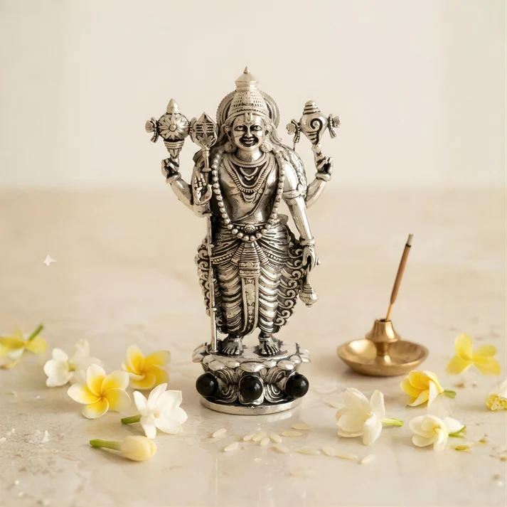 Divine Lord Murugan Idol with Karungali Beads (Silver Plated)